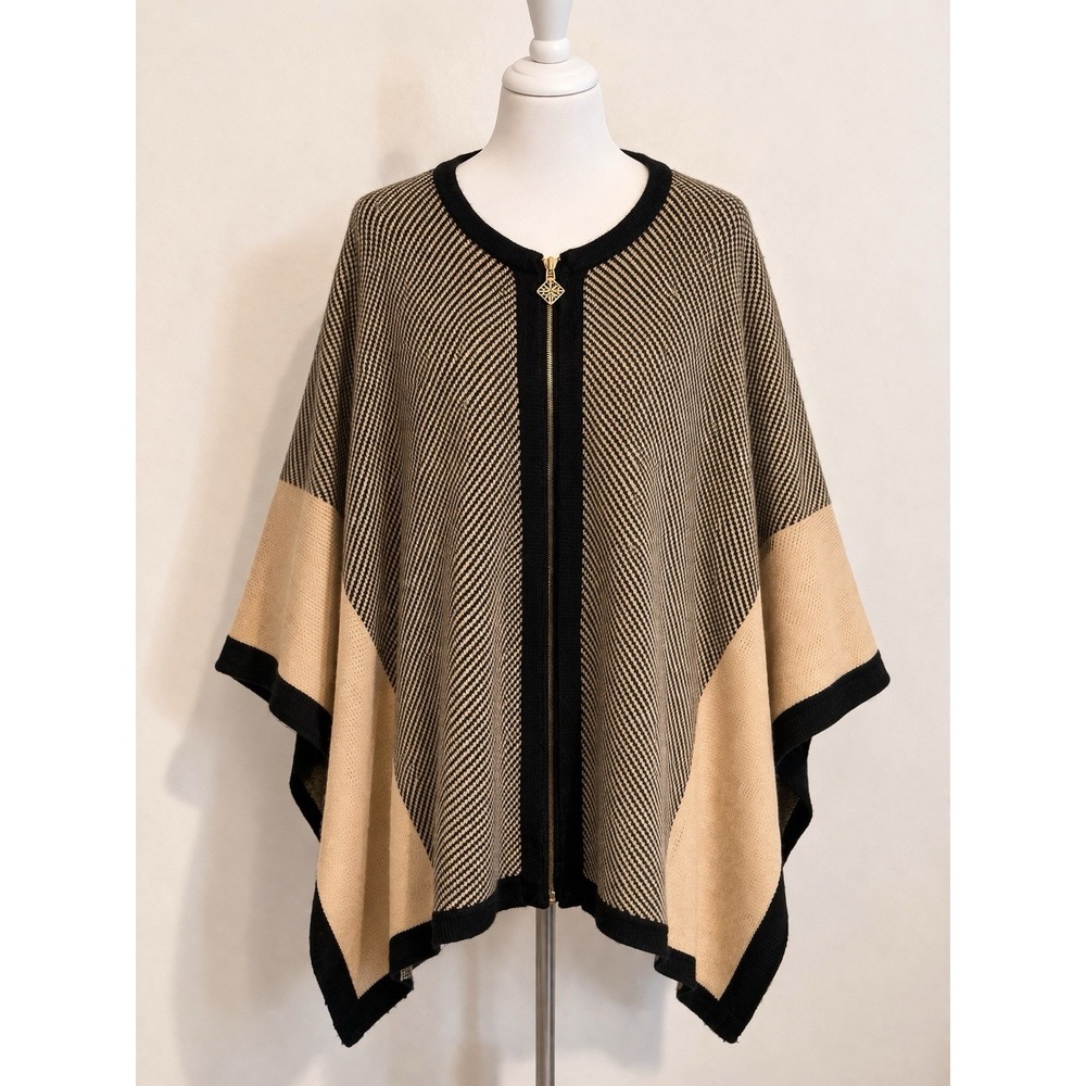 Anne Klein Poncho Cardigan 2X 3X Black Tan Zip Front Cape Herringbone